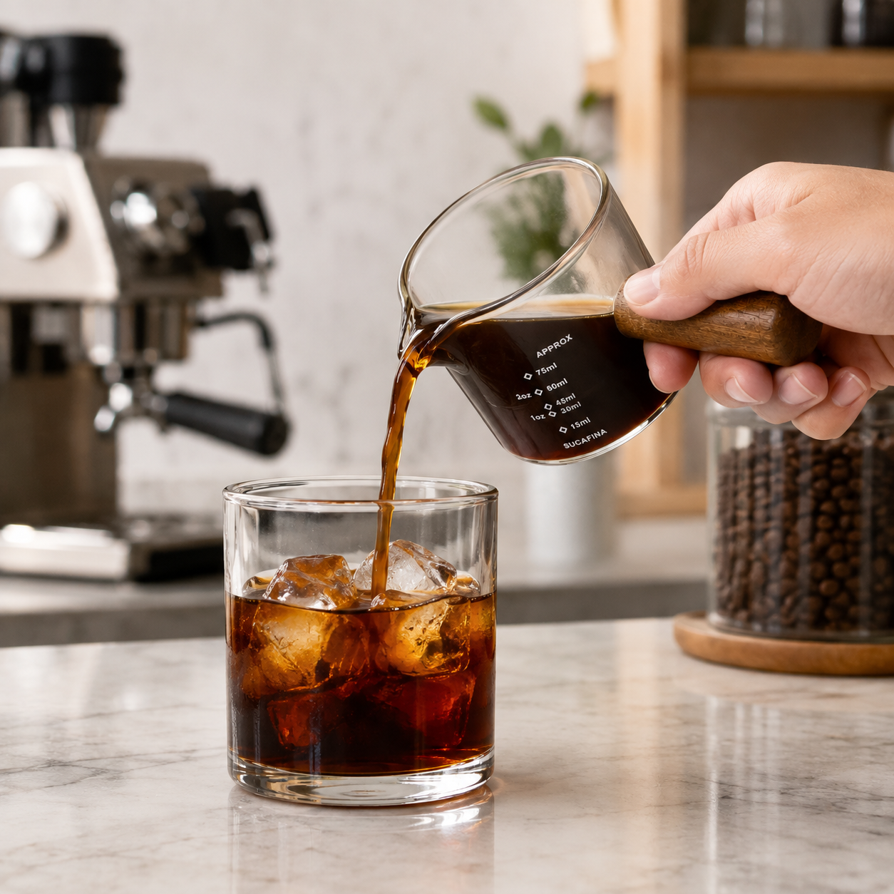 Vaso Medidor para Espresso 75 ml en Vidrio con Mango de Madera
