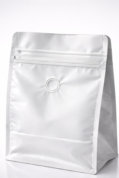 Bolsa Empacar Cafe 250g Blanco Mate con Valvula Desgasificacion y Ziploc