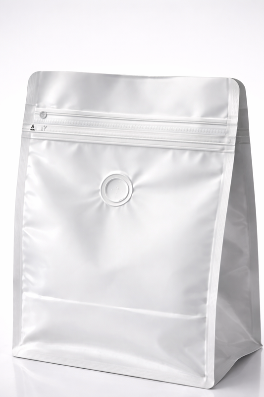 Bolsa Empacar Cafe 250g Blanco Mate con Valvula Desgasificacion y Ziploc