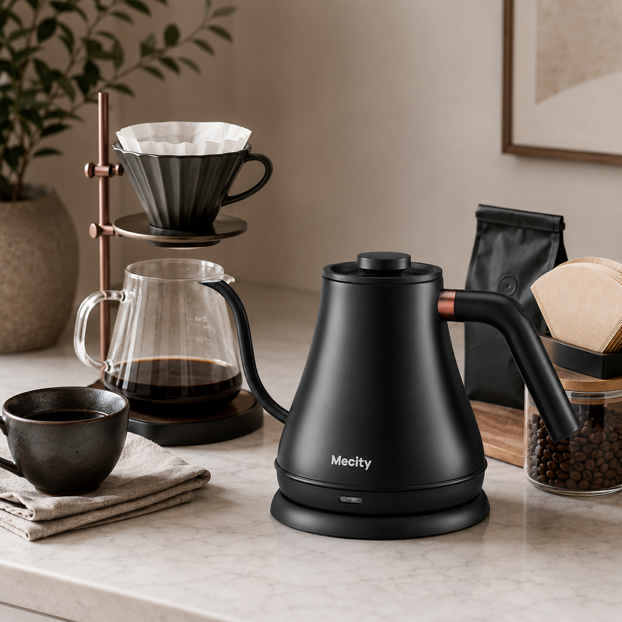 Hervidor Electrico Mecity Jarra Cuello de Cisne 0.8 L Negro Mate
