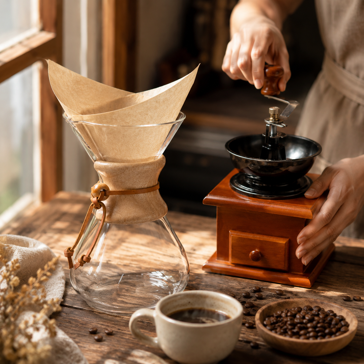 Kit Cafetera Metodo Tipo Chemex 600 ml + Molino Manual Vintage + Filtros Naturales