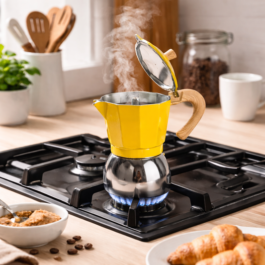 Cafetera Italiana Moka 9 Tazas Diseño Moderno en Negro y Amarillo