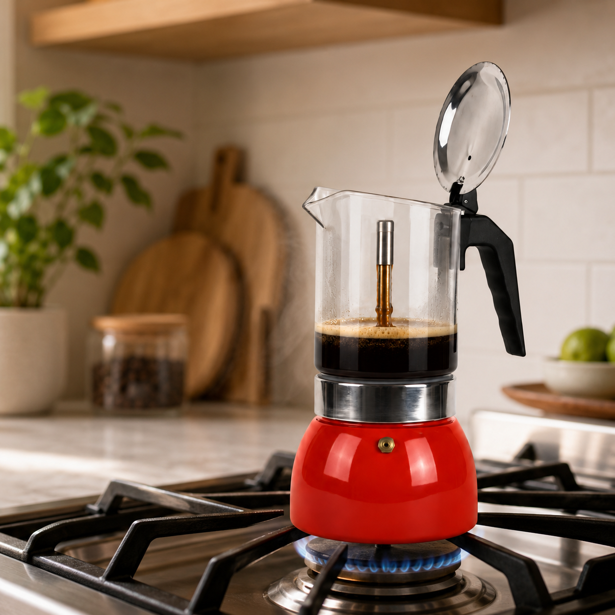 Cafetera Moka Italiana Roja de 9 Tazas con Jarra Transparente