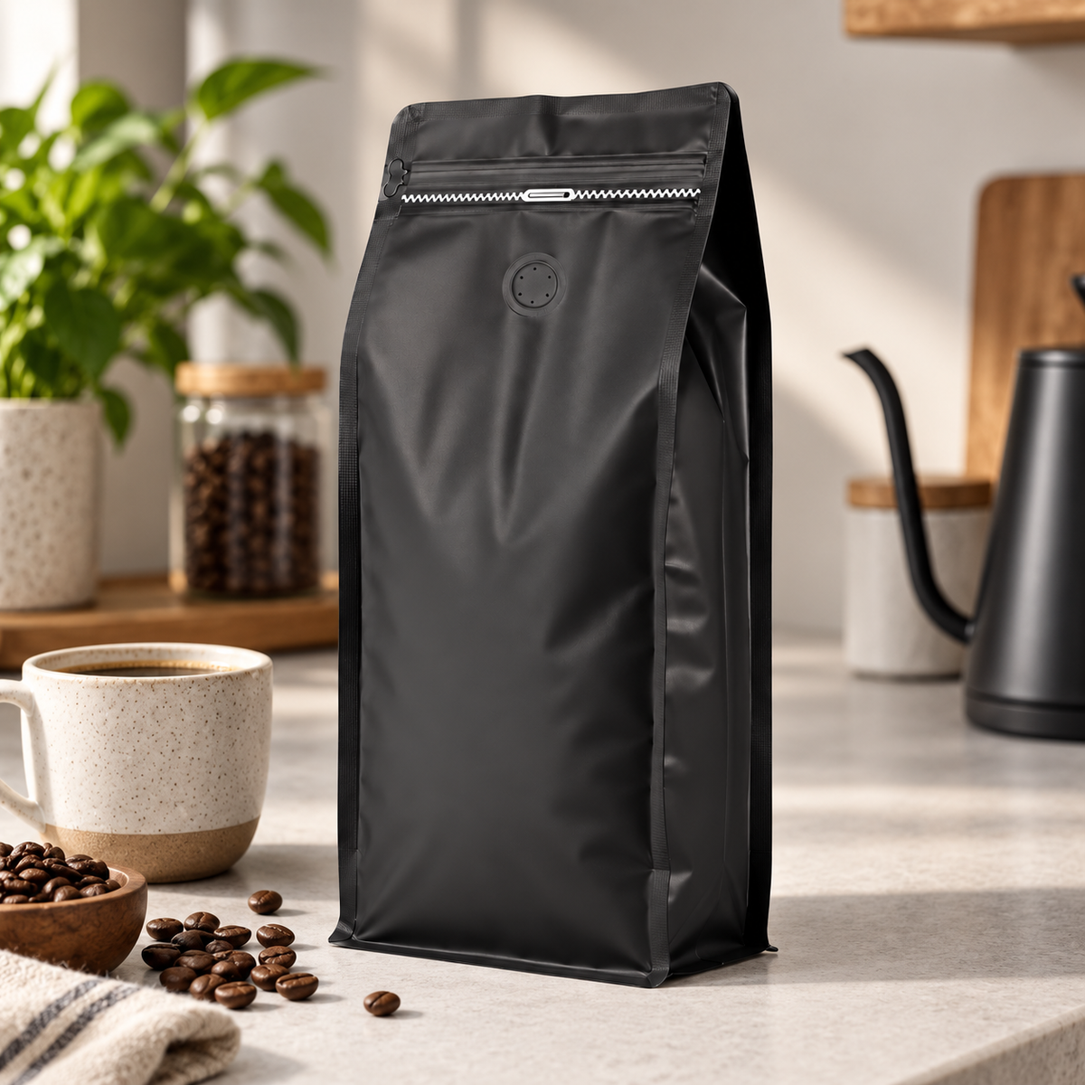 Bolsa Negra 500g para Cafe con Zipper y Valvula | 13.5 x 26 cm