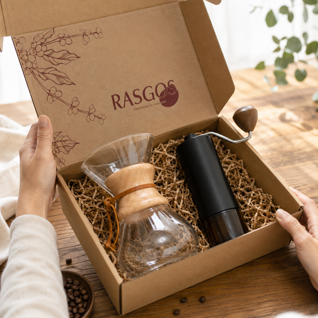 Kit de Cafe para Regalo con Cafetera Tipo Chemex 400 ml y Molino Manual Profesional