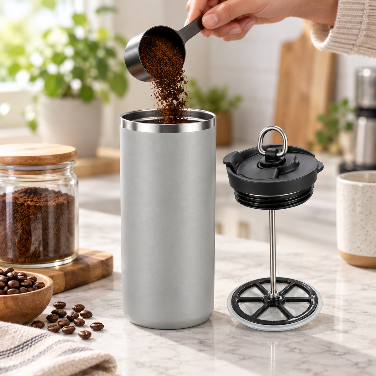 Metodo Viajero Termo Prensa Francesa TYESO 750 ml Acero Inoxidable Gris