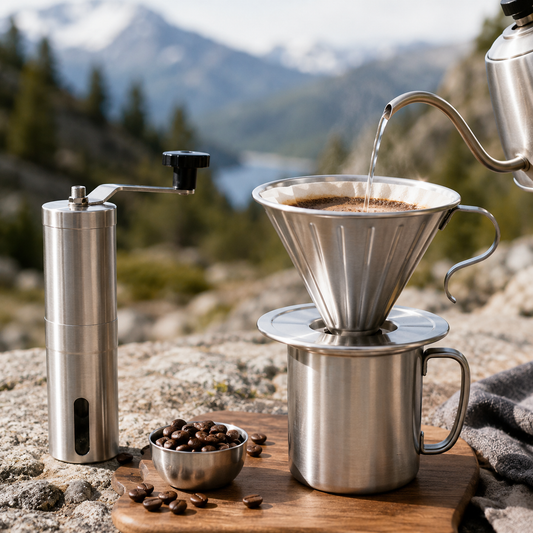 Kit Cafe Viajero Cafetera Dripper V60 con Molino Manual de Acero