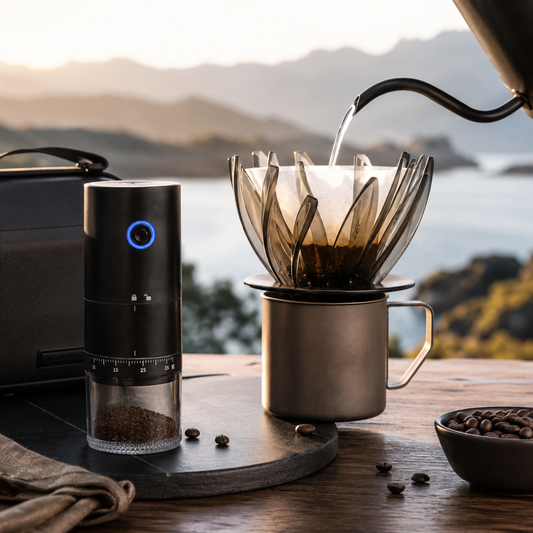 Método Flor de Loto negro preparando café con molino eléctrico en oficina