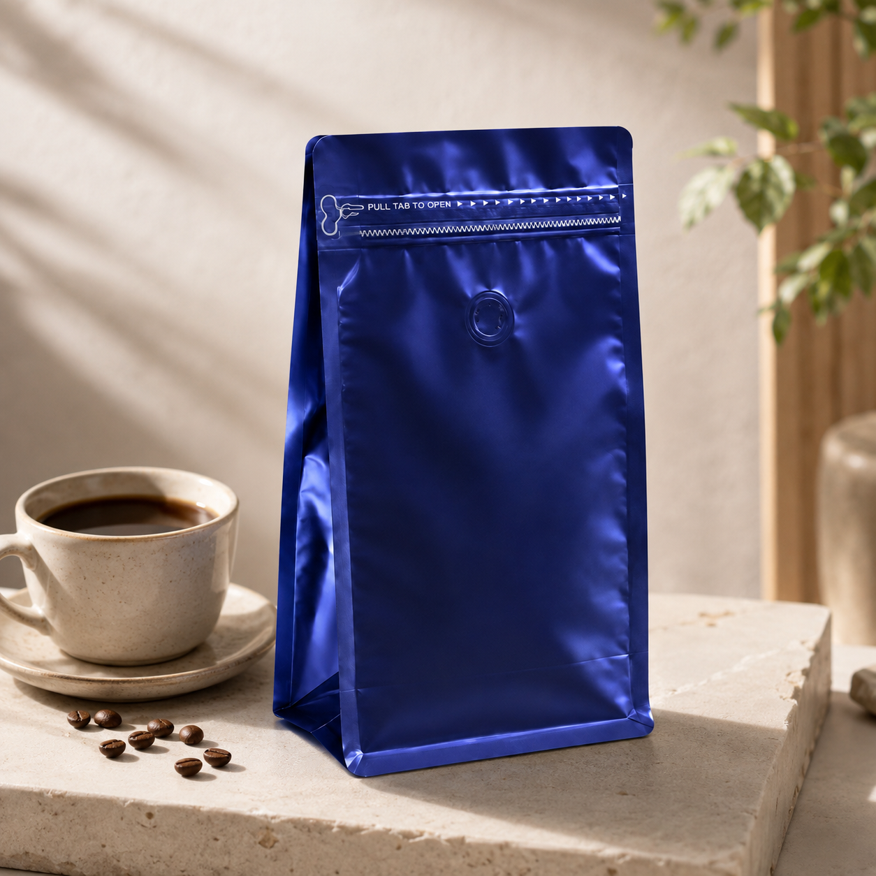 Bolsa Azul Metalizada Empaque para Cafe 250 g con Valvula y Zipper x 50 Unidades