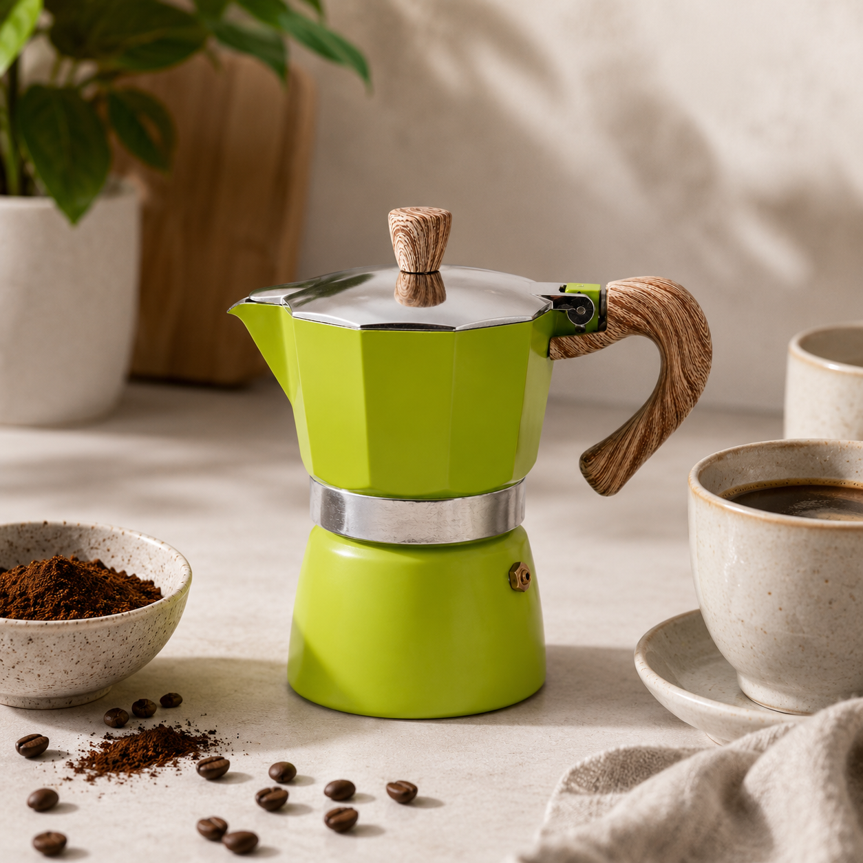 Cafetera Moka Italiana Verde 3 Tazas con Mango Efecto Madera