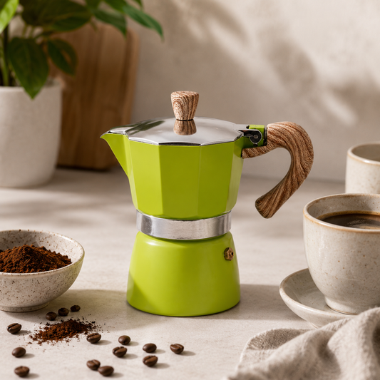 Cafetera Moka Italiana Verde 3 Tazas con Mango Efecto Madera
