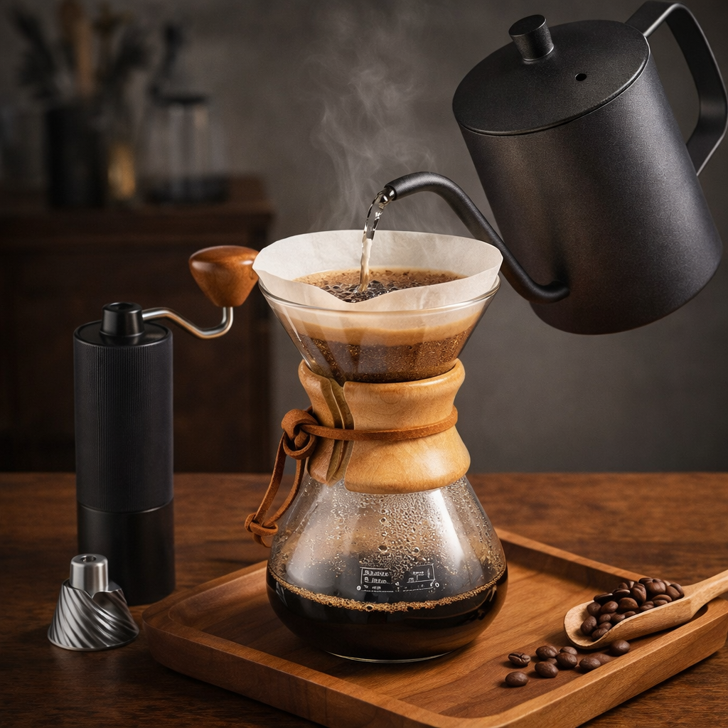 Kit Cafe Profesional| Cafetera Tipo Chemex 400ml| Molino Fresas Conicas Acero Inoxidable| Jarra Cuello Cisne 600ml| Filtros Papel x100