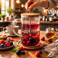 Cafetera Prensa Francesa Transparente 1 Litro Tapa Bambú Filtro Acero Inoxidable