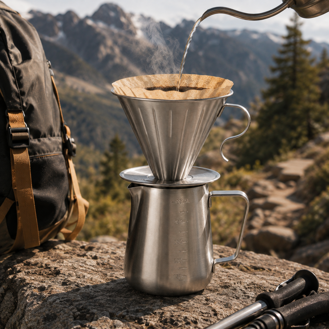 Kit Cafetera Tipo V60 en Acero Inoxidable + Jarra Server Resistente | Ideal para Viajar