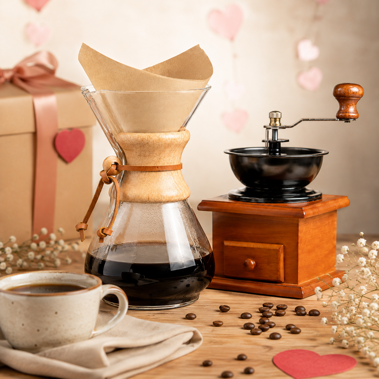 Kit Cafetera Metodo Tipo Chemex 600 ml + Molino Manual Vintage + Filtros Naturales