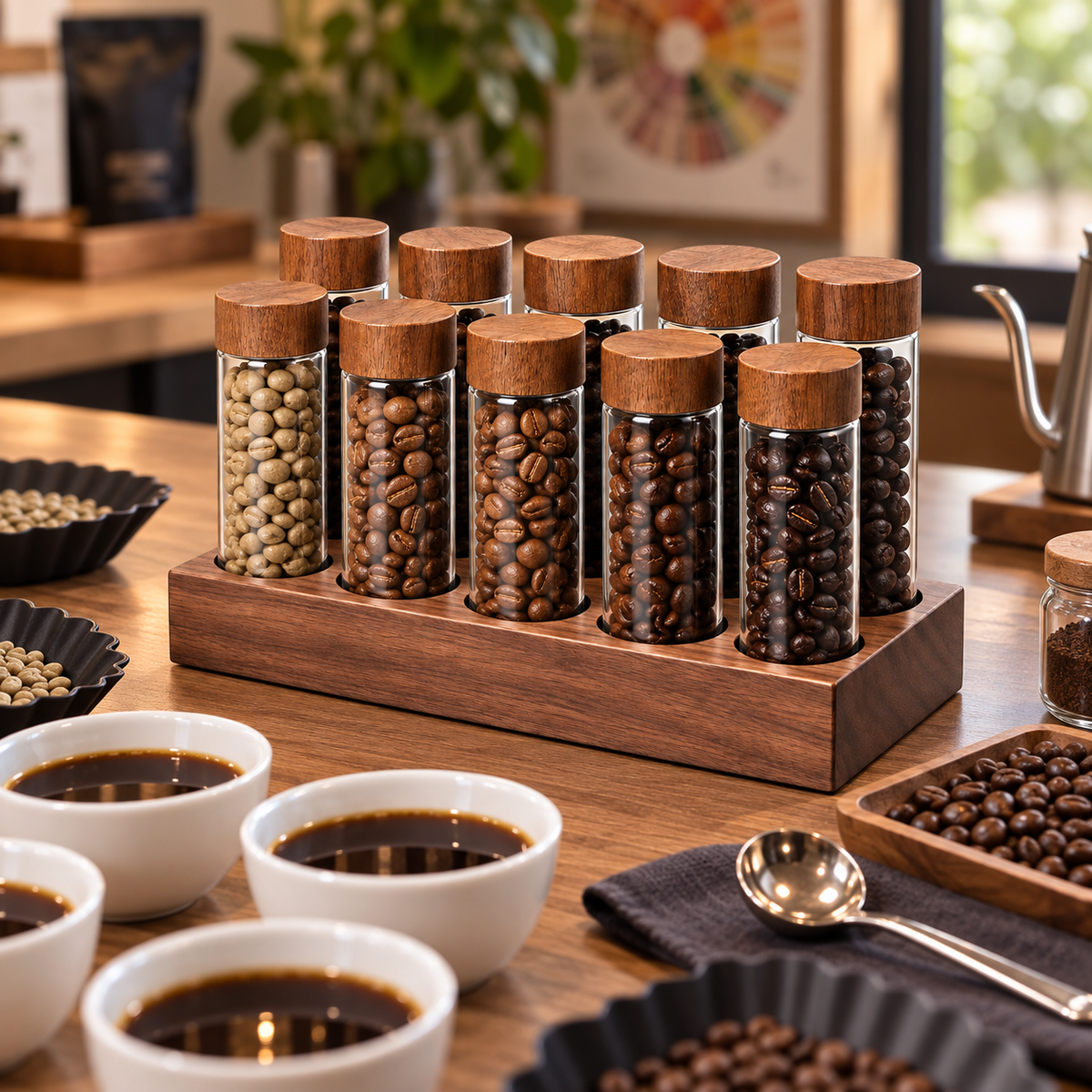 Set Dosificador de Cafe con 12 Tubos de Vidrio y Base de Madera