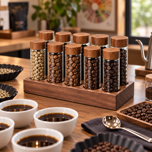Set Dosificador de Cafe con 12 Tubos de Vidrio y Base de Madera