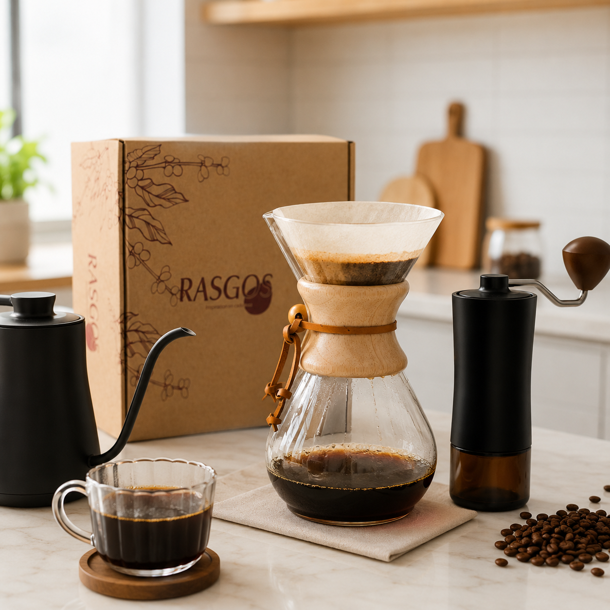 Kit de Cafe para Regalo con Cafetera Tipo Chemex 400 ml y Molino Manual Profesional
