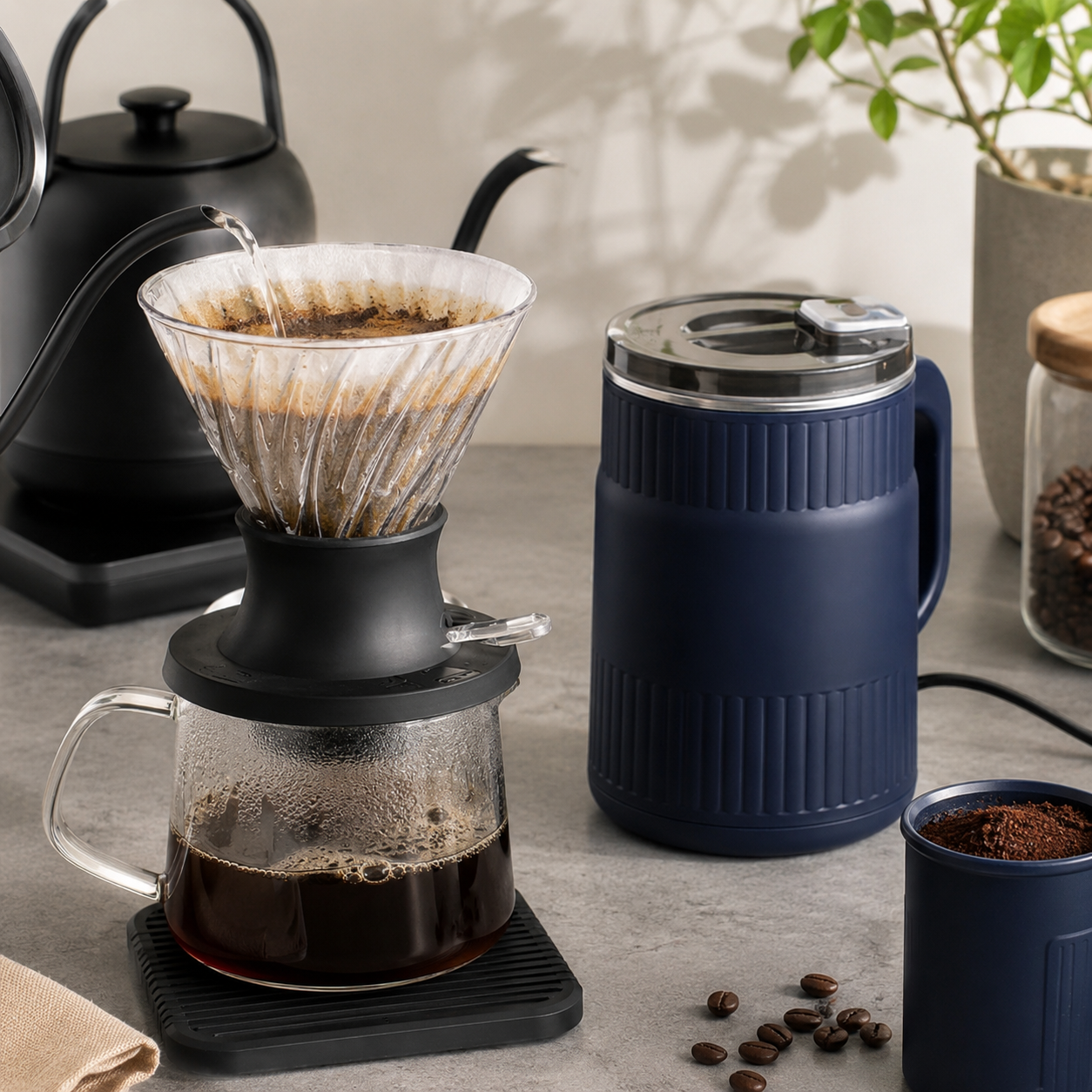 Kit de Cafe Filtrado con Molino Electrico Metodo Tipo HARIO Switch V60 en Vidrio