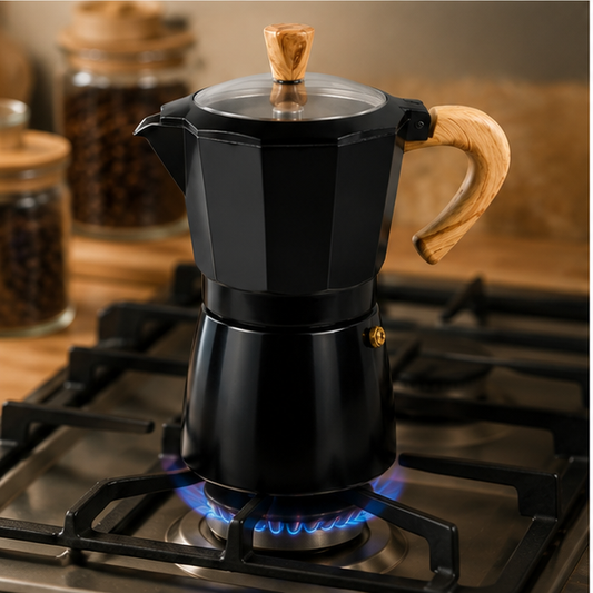 Cafetera Moka Italiana Negra de 6 Tazas con Tapa Transparente