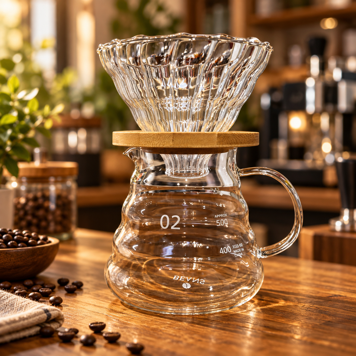 Kit Dripper V60 02 Bambú Café Filtrado + Server de Vidrio 600ml