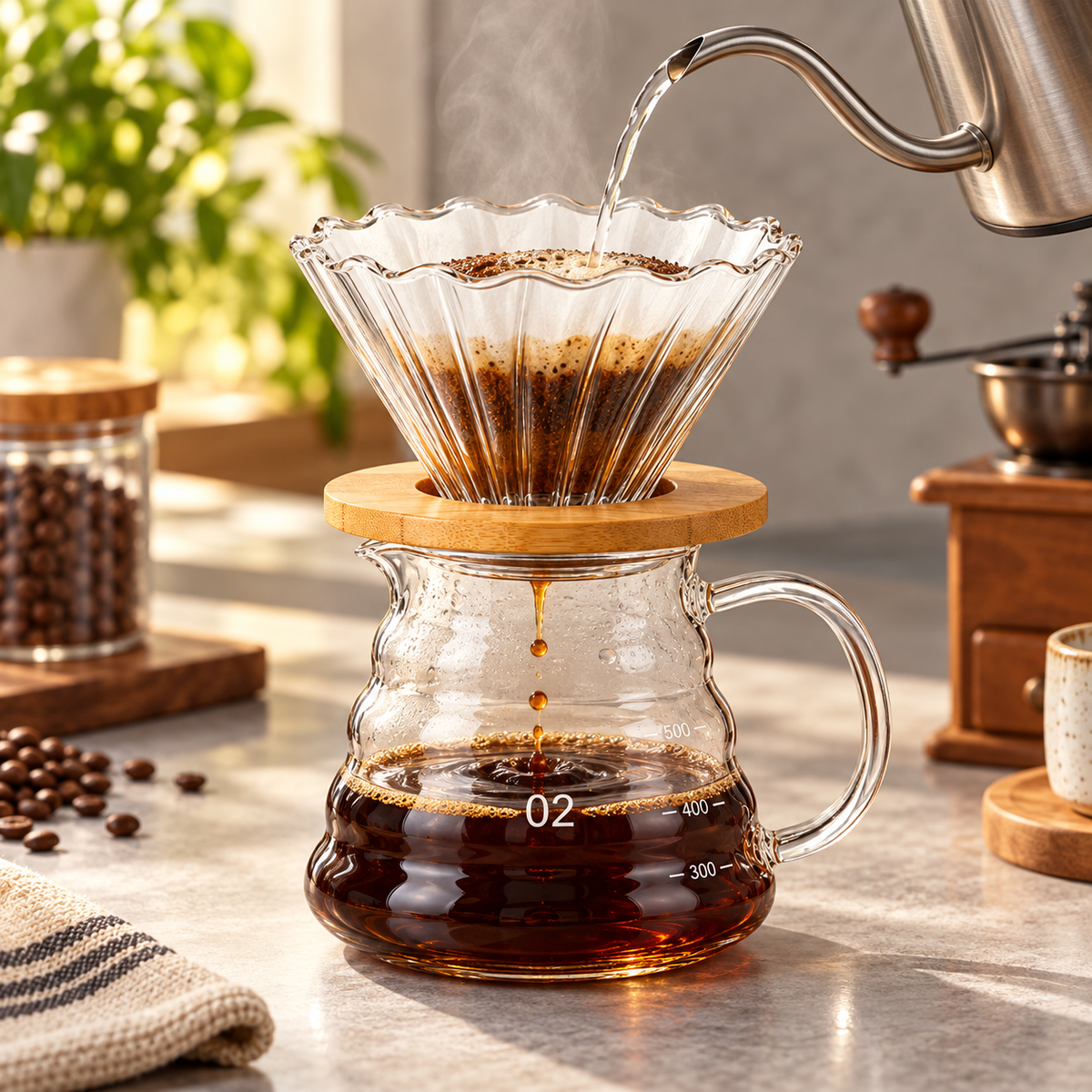 Kit Dripper V60 02 Bambú Café Filtrado + Server de Vidrio 600ml