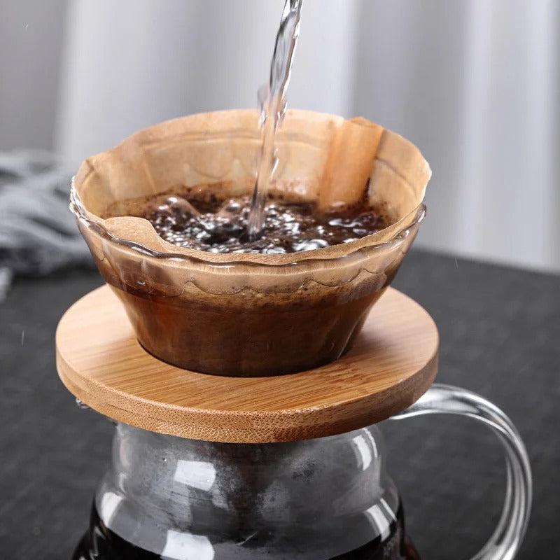 Kit Dripper V60 02 Bambú Café Filtrado + Server de Vidrio 600ml