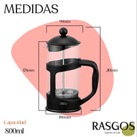 Cafetera Prensa Francesa Negra RASGOS Disponible en 350ml-600ml-800ml-1000ml