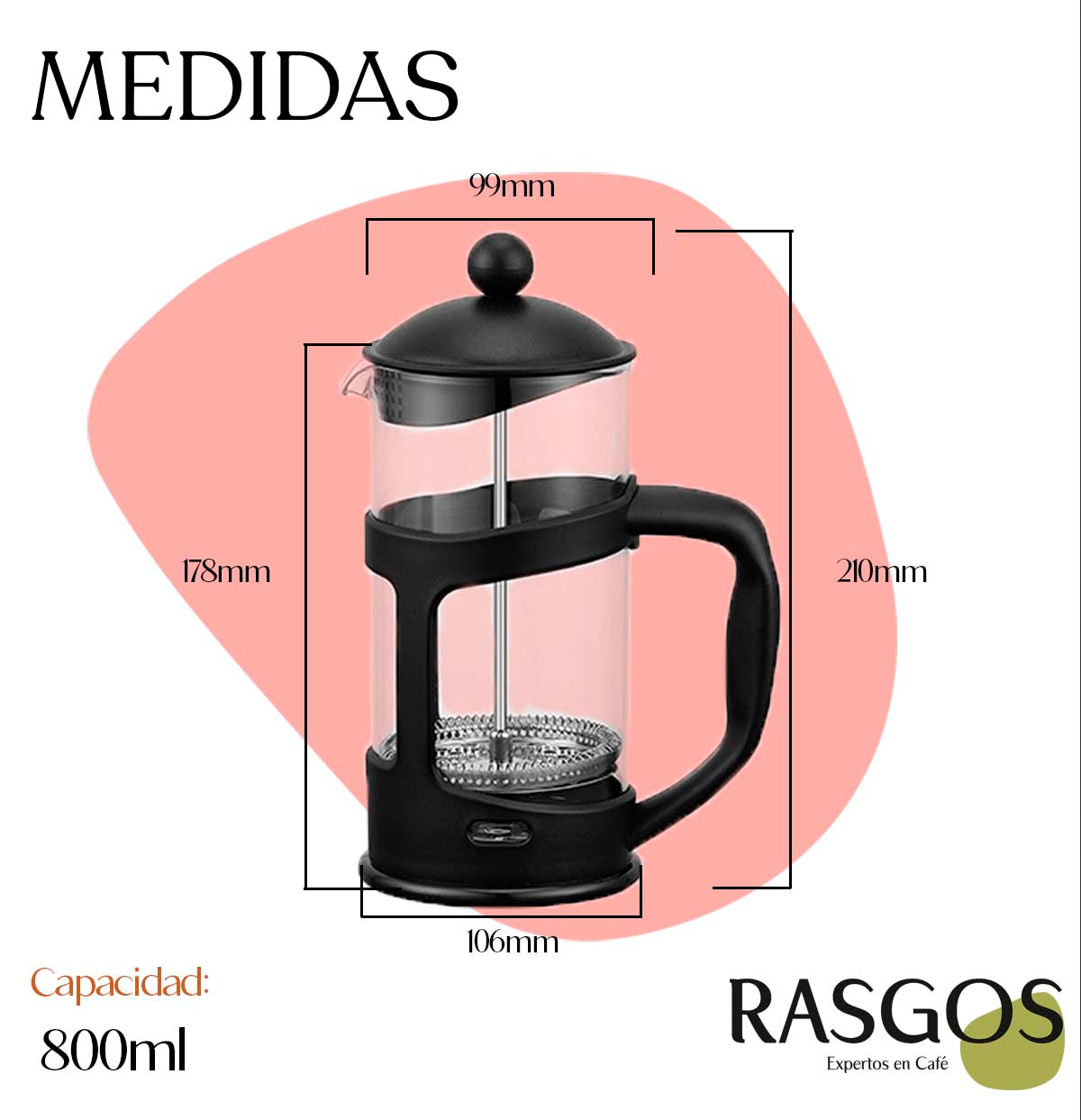 Cafetera Prensa Francesa Negra RASGOS Disponible en 350ml-600ml-800ml-1000ml