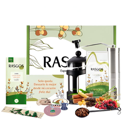 Super Kit Cafetero | Prensa Francesa 2-4 tazas + Molino + Café Especial 250g + Mensaje Personalizado + Chocolatina de Cacao + Cuchara