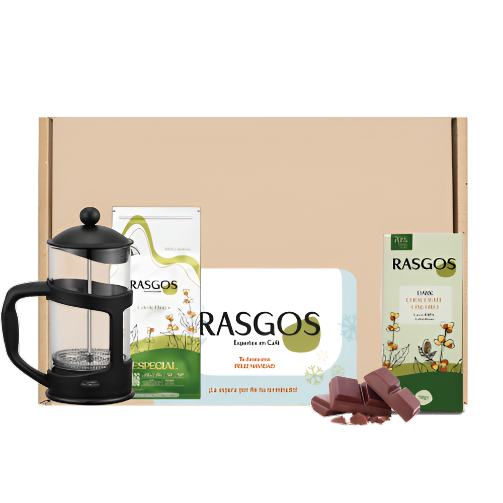 Kit Súper Hogar Rasgos | Prensa Francesa 350ml + Café Insignia Especial 250g + Chocolatina de Cacao