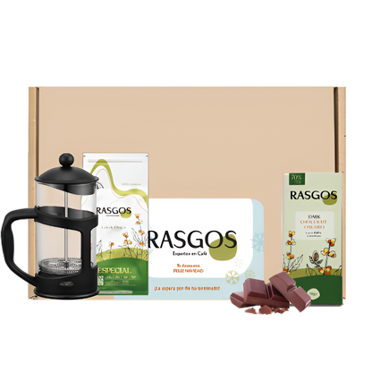 Kit Súper Hogar Rasgos | Prensa Francesa 350ml + Café Insignia Especial 250g + Chocolatina de Cacao