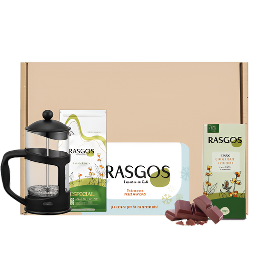 Kit Súper Hogar Rasgos | Prensa Francesa 350ml + Café Insignia Especial 250g + Chocolatina de Cacao