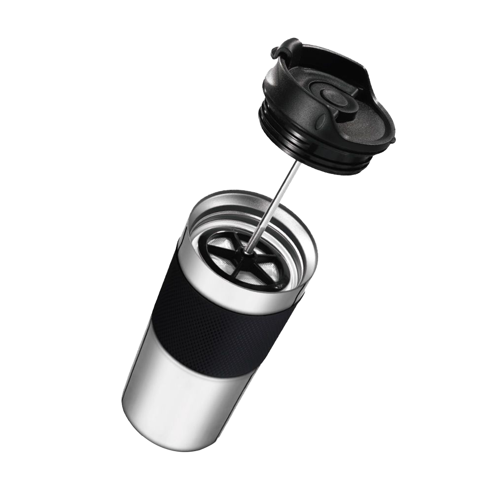 "Cafetera de Viaje para Bebidas Calientes": Muestra que la taza es versátil y apta para una variedad de bebidas calientes.