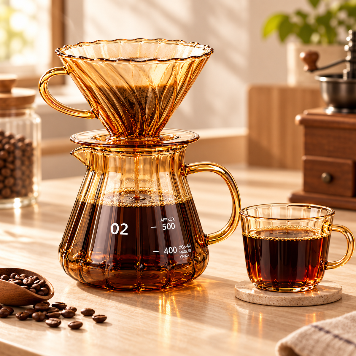 Kit Método V60 + Server 02 600 ml Vidrio Ámbar Dorado