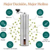 Molino Manual de Café Cilíndrico Acero Inoxidable Plateado 50gr