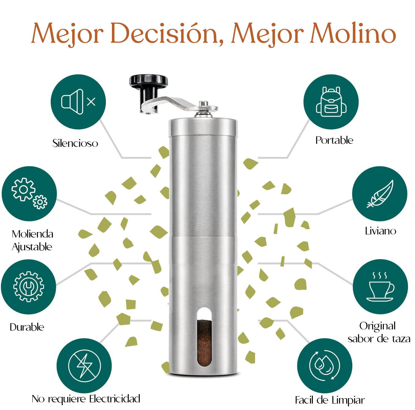 Molino Manual de Café Cilíndrico Acero Inoxidable Plateado 50gr