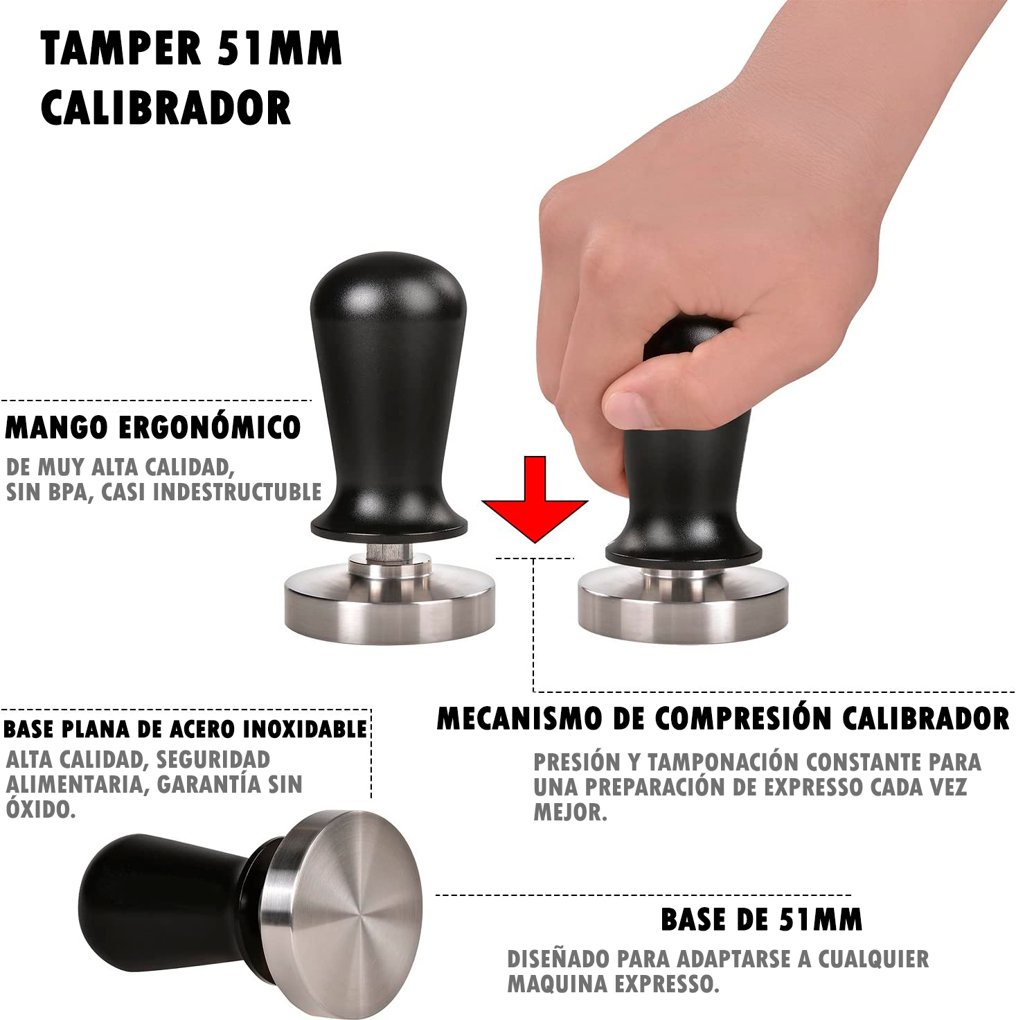 Tamper para Café Espresso Calibrado Con Retorno 51mm