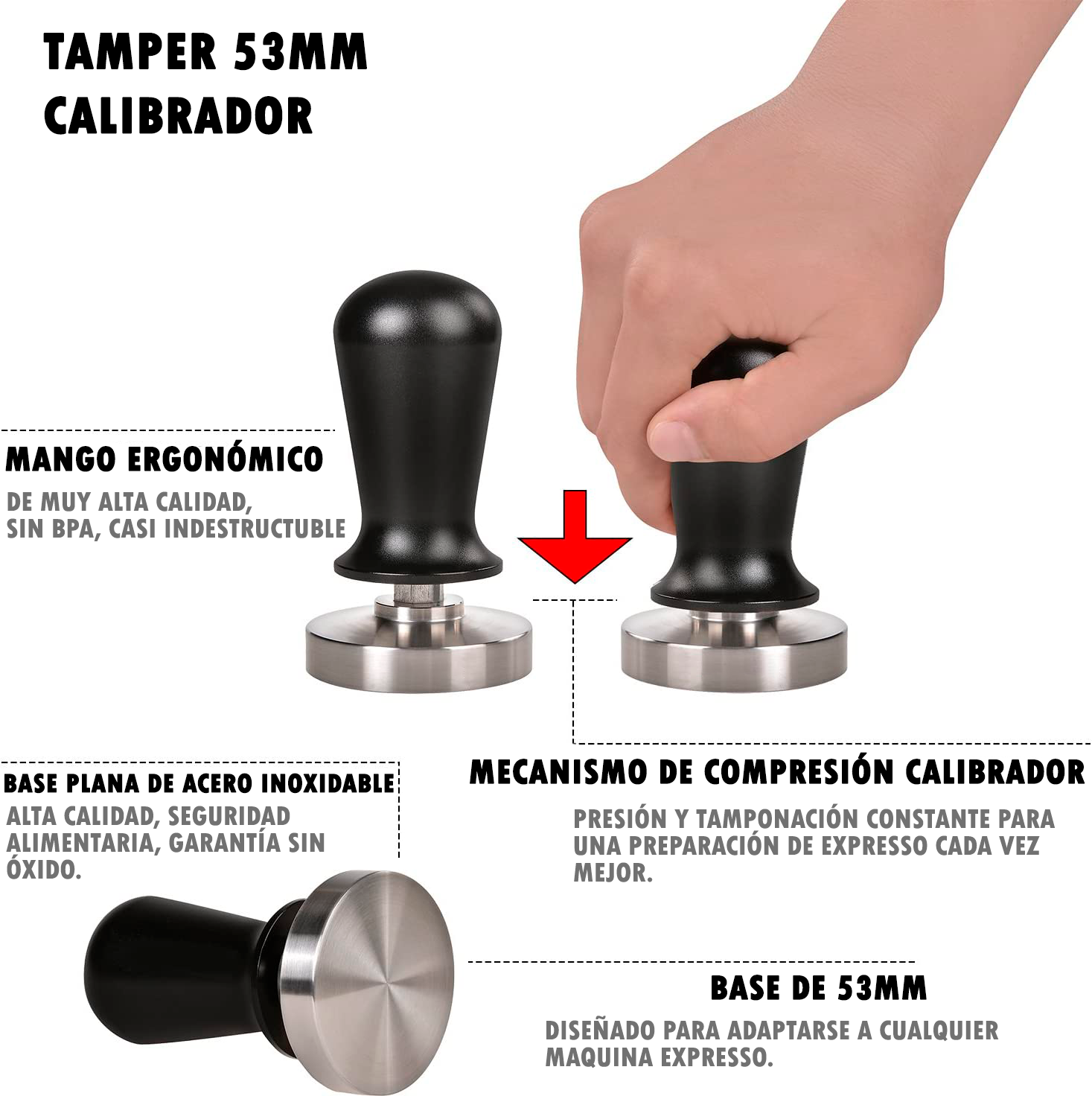 Tamper para Maquina Espresso Calibrado Con Retorno 53mm