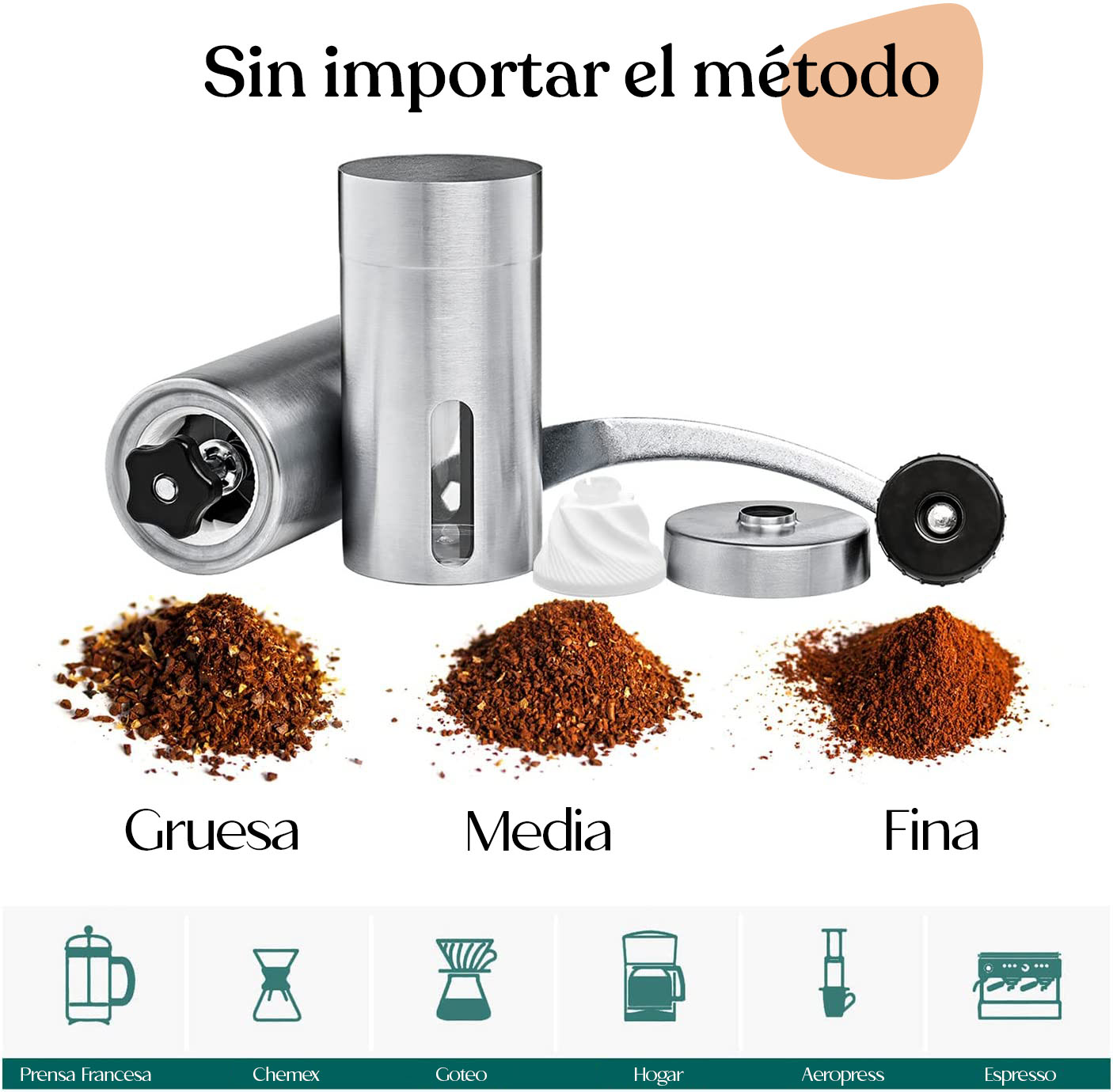 Molino Manual de Café Cilíndrico Acero Inoxidable Plateado 50gr