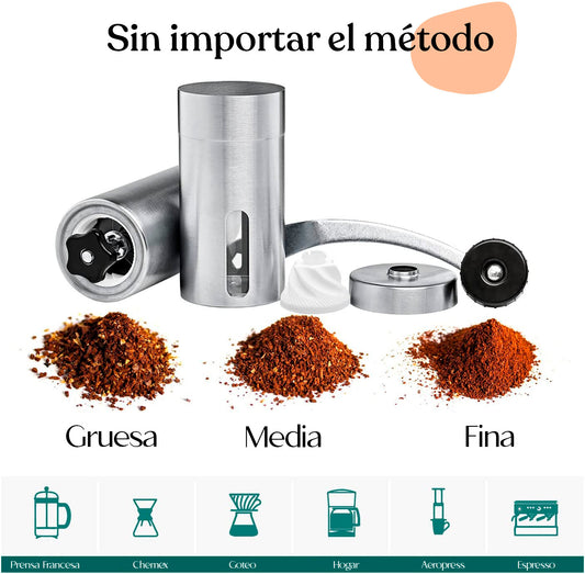 Molino Manual de Café Cilíndrico Acero Inoxidable Plateado 50gr