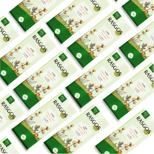 Chocolatina en Barra de Cacao Especial RASGOS 70% Chocolate + Trocitos de Café 50g