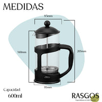 Cafetera Prensa Francesa Negra RASGOS Disponible en 350ml-600ml-800ml-1000ml