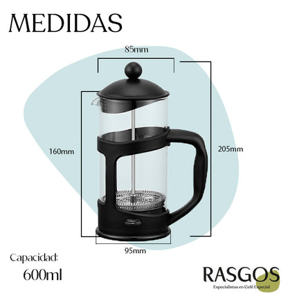 Cafetera Prensa Francesa Negra RASGOS Disponible en 350ml-600ml-800ml-1000ml