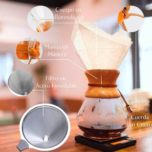 Combo Cafetera Pour Over + Filtro Acero Inoxidable Reutilizable