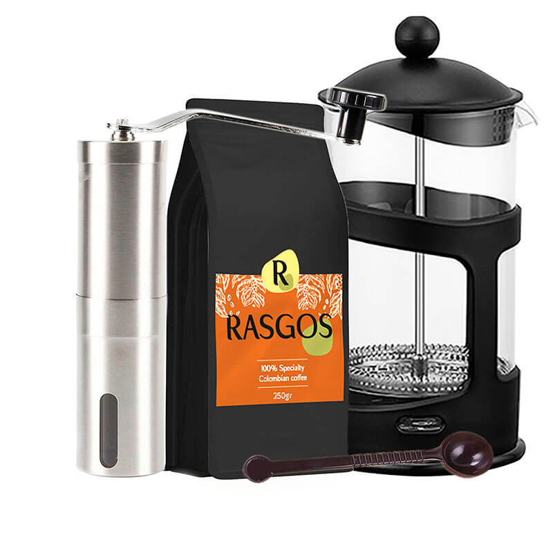 Combo Cafetero Basico Prensa Francesa + Molino Acero + Café Rasgos
