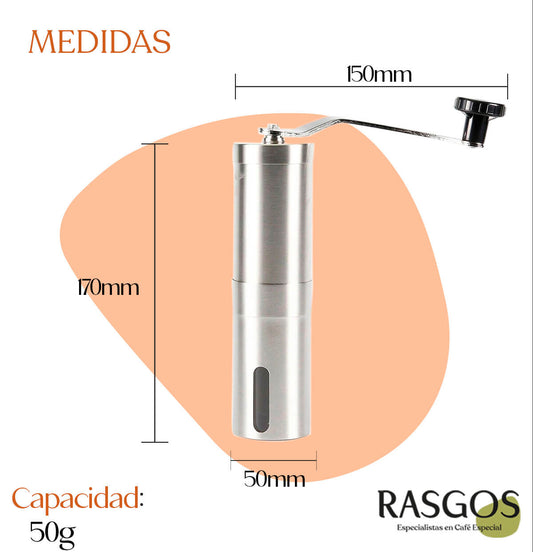 Molino Manual de Café Cilíndrico Acero Inoxidable Plateado 50gr